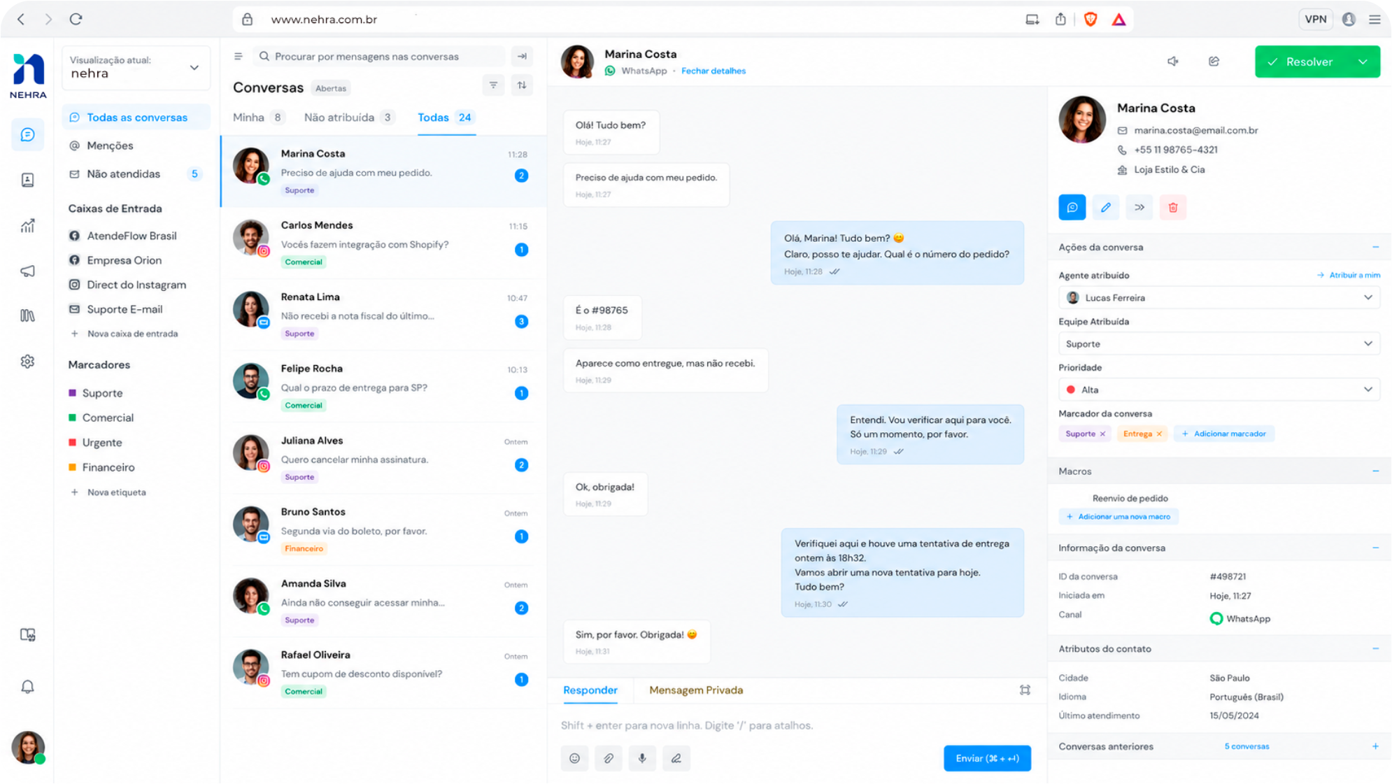 Painel CRM da NEHRA com atendimento no WhatsApp, lista de conversas e dados do contato.